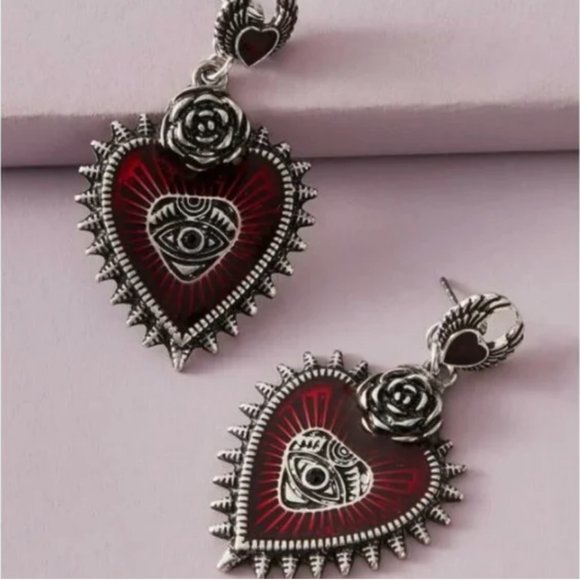 🔮 2 for $40 🔮 Mystic Gothic Rose Sacred Heart Eye Dangle Earrings - Picture 1 of 7